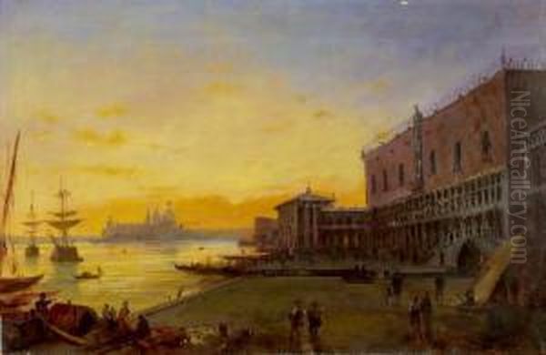 Ansicht Des Canale Grande Mit Dogenpalast Bei Sonnenuntergang Oil Painting by Charles Clement Calderon