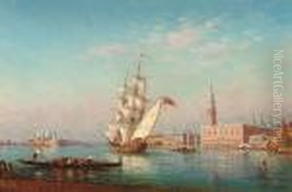 Gondolas And Trading Vessels Before The Doge's Palace, Venice Oil Painting by Charles Clement Calderon