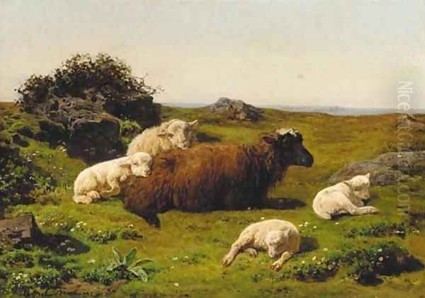 A sheep and lambs resting in a moorland landscape Oil Painting by Juliette Peyrol Bonheur