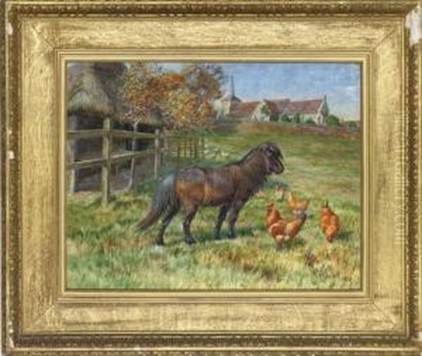 A Pony And Chickens In A Paddock With A Church Beyond Oil Painting by Edmund Caldwell