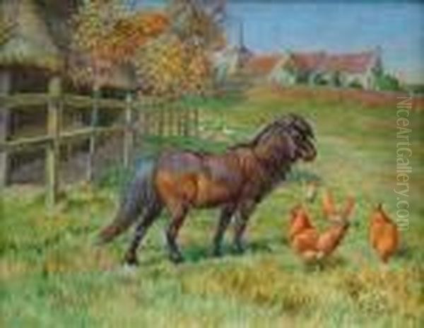 Pony And Chickenin A Paddock Oil Painting by Edmund Caldwell