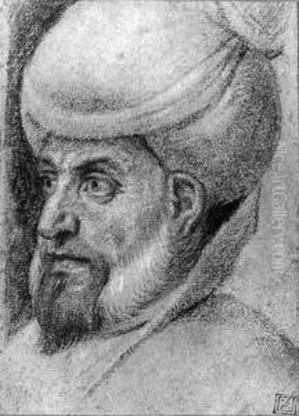 The Head Of An Oriental, Turned To The Left, Wearing A Turban Oil Painting by Carletto Carliari