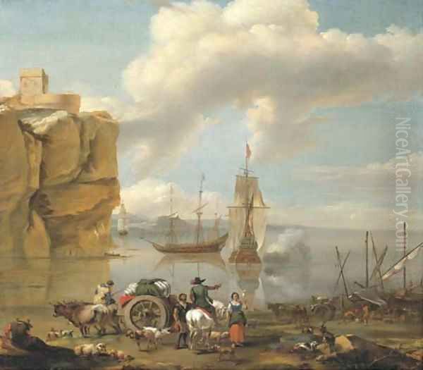 A coastal landscape with a horseman Oil Painting by Abraham Jansz. Begeyn