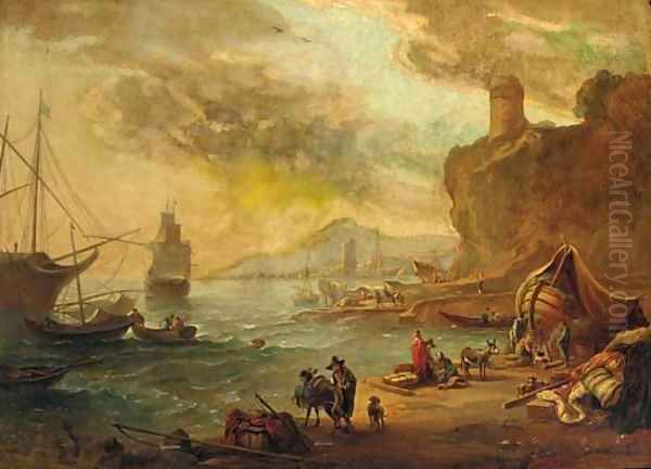 A Mediterranaen coastal inlet with a moored man-o'-war Oil Painting by Abraham Jansz. Begeyn