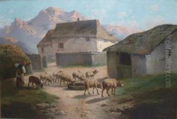 Sheep Grazing Before A Barn And Mountain Landscape Oil Painting by John, Giovanni Califano