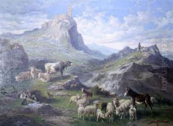 Cattle And Sheep In An Alpine Landscape Oil Painting by John, Giovanni Califano