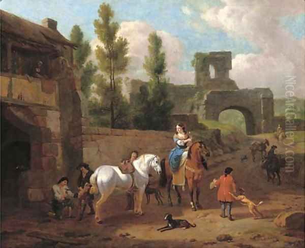 An elegant riding party at a blacksmith outside the walls of a town Oil Painting by Abraham Jansz. Begeyn