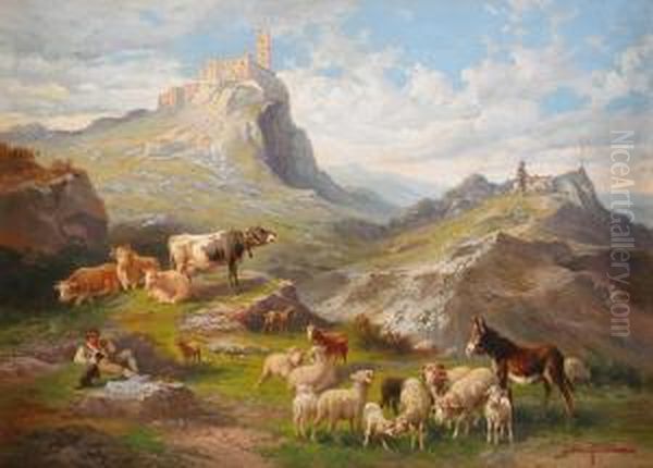 Berglandskap Med Boskap Oil Painting by John, Giovanni Califano