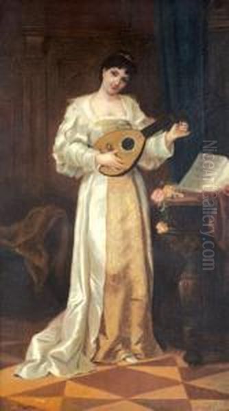 Woman Tuning A Mandolin Oil Painting by John, Giovanni Califano