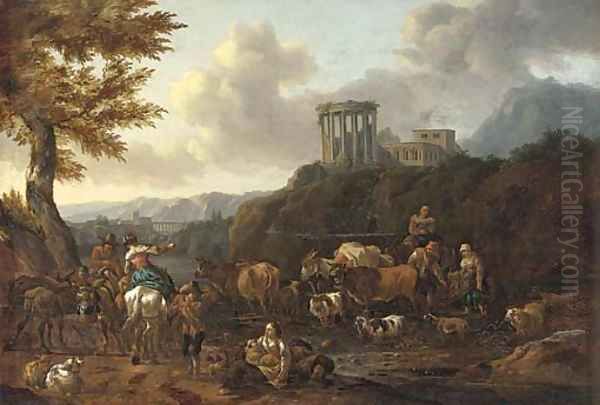 An Italianate landscape with drovers fording a river, the Temple of the Sibyl at Tivoli beyond Oil Painting by Abraham Jansz. Begeyn