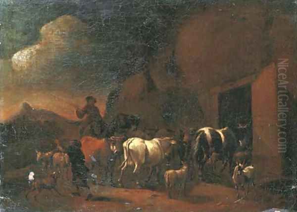 Shepherds returning to the stable with their cattle at dusk Oil Painting by Abraham Jansz. Begeyn