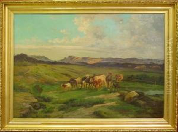 Landskap Med Kor Och Far Med Herde. Oil Painting by John, Giovanni Califano