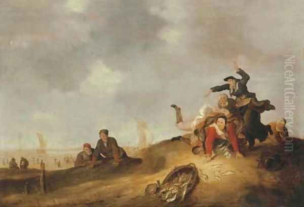 A coastal landscape with a fisherwoman tripping and spilling a basket of fish in the dunes Oil Painting by Cornelis Beelt