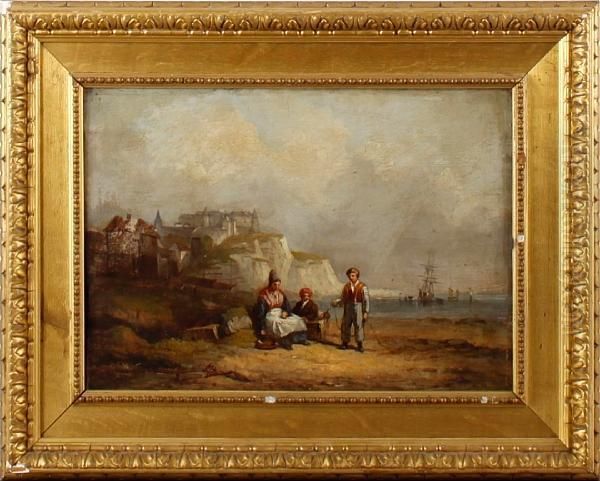 Figures On A Beach Before A Cliff Top Castle Oil Painting by Sir Augustus Wall Callcott