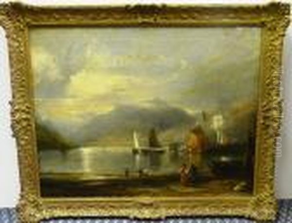 Mountainous Lake Scene With Figures Unloading Fishing Boats Oil Painting by Sir Augustus Wall Callcott