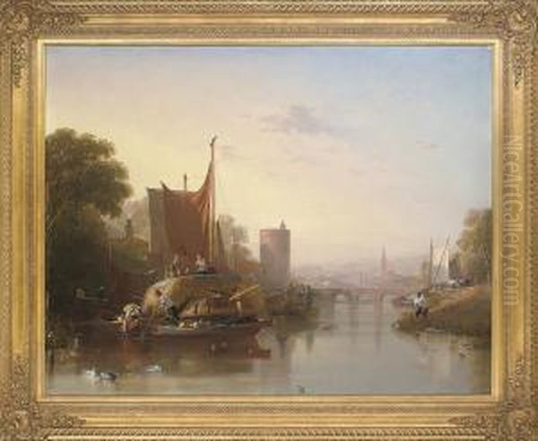 Hay Barges On A River Oil Painting by Sir Augustus Wall Callcott