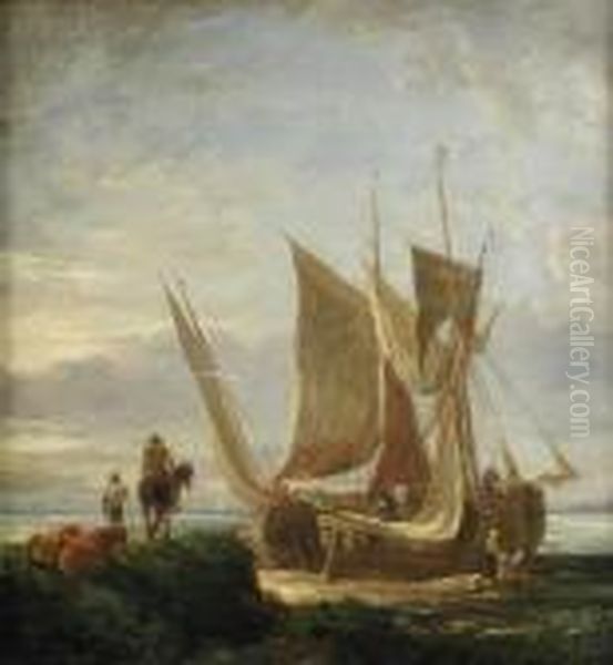 Horsemen On A Beach With A Sailing Ship Mooredalongside Oil Painting by Sir Augustus Wall Callcott