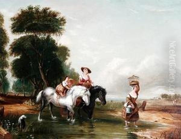 Figures And Horses In A River Landscape Oil Painting by Sir Augustus Wall Callcott