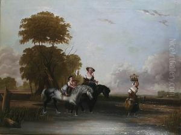 Figures Crossing A River With Horses Oil Painting by Sir Augustus Wall Callcott