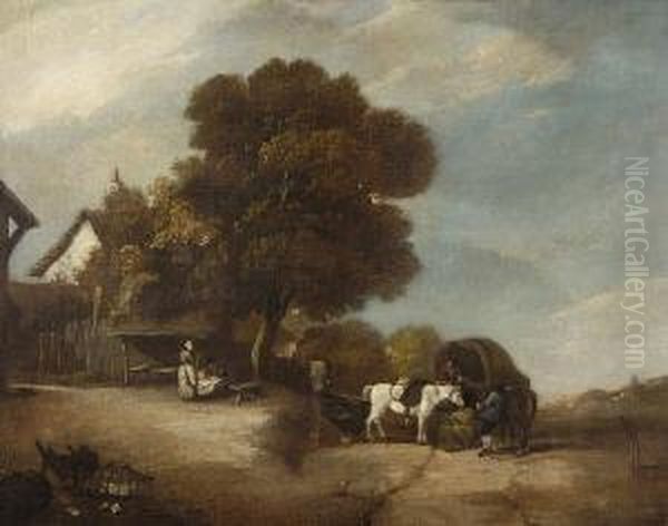 Village Scene Oil Painting by Sir Augustus Wall Callcott