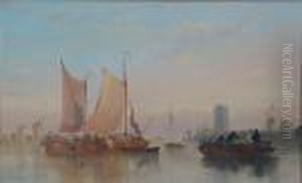 Barges And Other Boats On The Norfolk Broads Oil Painting by Sir Augustus Wall Callcott