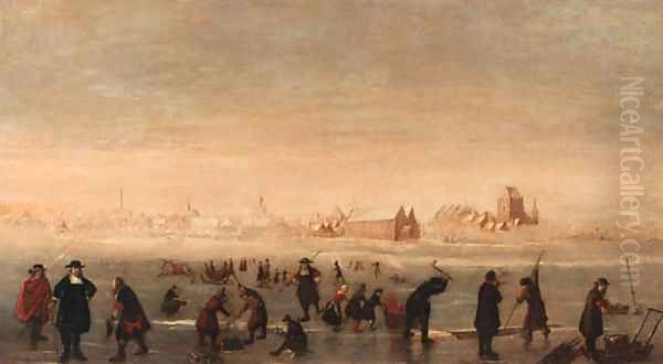 Kolfers, skaters and elegant townsfolk on a frozen waterway, a town beyond Oil Painting by Cornelis Beelt