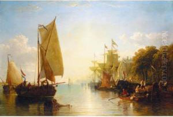 Dutch Barges Moored Beside De Boompjes, Rotterdam Oil Painting by Sir Augustus Wall Callcott