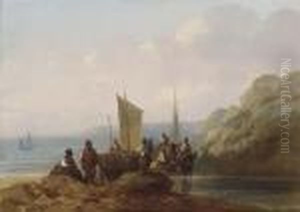 Fishermen Congregating On The Shore Oil Painting by Sir Augustus Wall Callcott