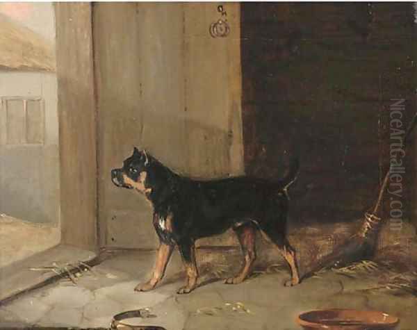 A bullterrier hearing a visitor Oil Painting by Edmund Bristow