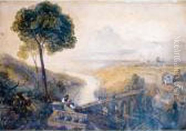 Two Designs For The Back Drop At
 Sunderland Theatre - Figures On A Hillside Above A Bridge, Mountains 
Beyond; Figures By A River, Mountains Beyond Oil Painting by William James Callcott