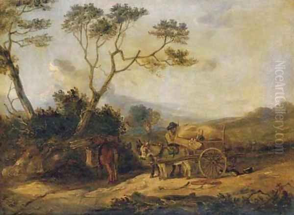 A peasant loading wood on to a donkey cart Oil Painting by Edmund Bristow