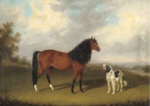 A chestnut horse with a dog in an extensive landscape Oil Painting by Edmund Bristow