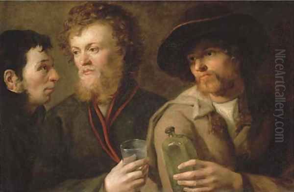 Three men with a glass and a bottle Oil Painting by Giuseppe Bossi