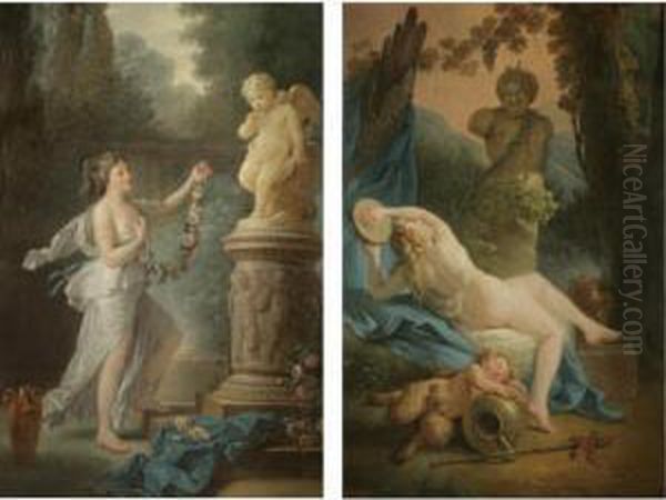 A Bacchante Playing The 
Tambourine Before A Statue Of Pan, A Drunk Young Satyr Asleep In The 
Foreground; A Young Lady Offering A Garland Of Flowers To A Statue Of 
Cupid Oil Painting by Antoine-Francois Callet