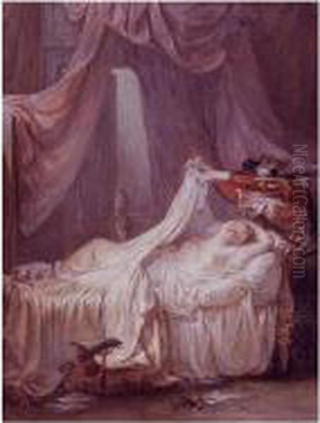 A Young Gentleman Spying On A Sleeping Woman Oil Painting by Antoine-Francois Callet