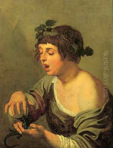 A young bacchante, holding a lizard Oil Painting by Jacob Adriaensz. Backer