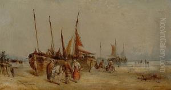 'fisherfolk And Their Boats On A Beach At Low Tide' And 'unloading The Catch' Oil Painting by George D. Callow