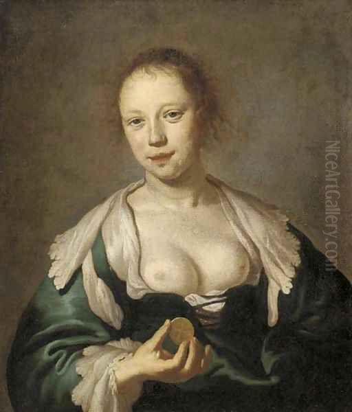 The Sense of Touch A courtesan holding a coin Oil Painting by Jacob Adriaensz. Backer