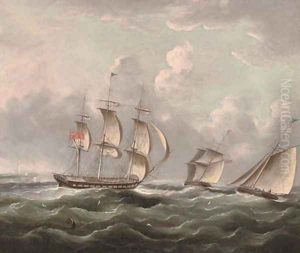 Ships of the Royal Navy running up the coast passing a headland Oil Painting by James E. Buttersworth