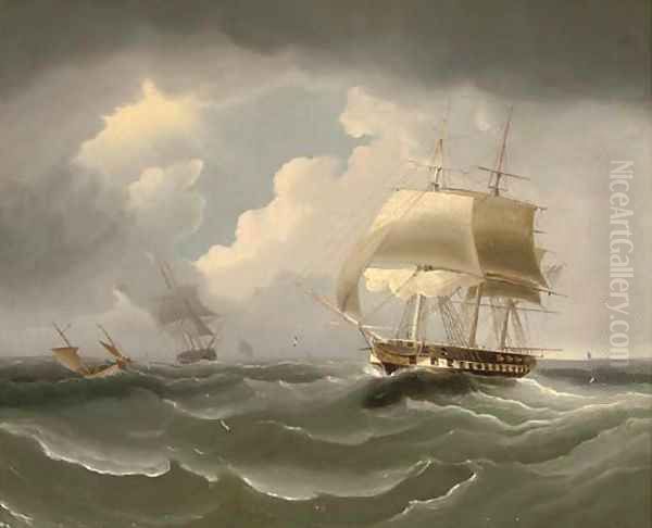 A frigate running down the Channel Oil Painting by James E. Buttersworth