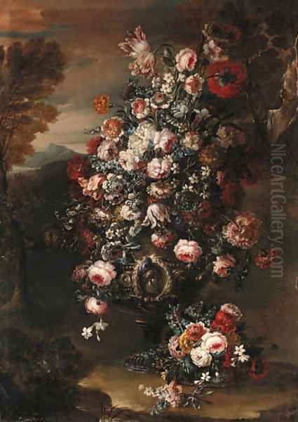 Roses, parrot tulips, paeonies, morning glory and other flowers in an ornamental silver urn in a landscape Oil Painting by Jan-Baptiste Bosschaert