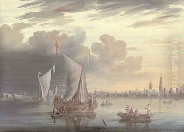 Smalschips lying on the Amstel, Amsterdam Oil Painting by Johannes de Blaauw