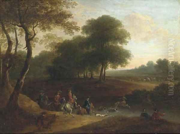 A stag hunt in a wooded landscape Oil Painting by Lazare Bruandet