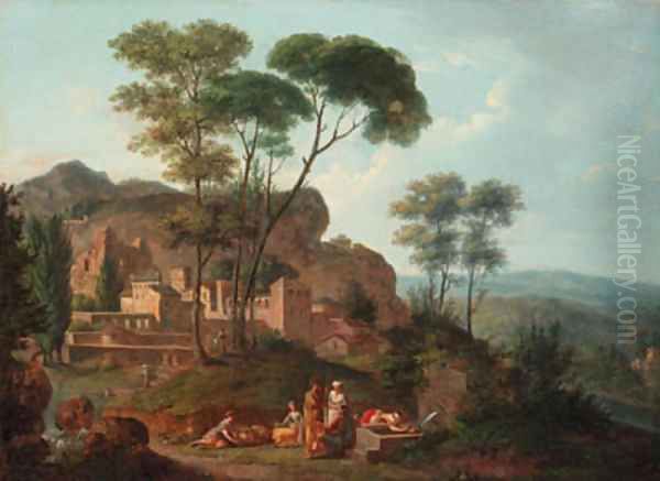 An Italianate landscape with figures resting by a fountain, a town beyond Oil Painting by Nicolas-Didier Boguet