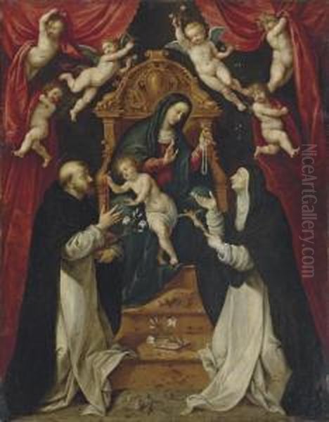 The Madonna And Child Enthroned With Saints Dominic And Catherine Of Siena And Angels Oil Painting by Denys Fiammingo Calvaert