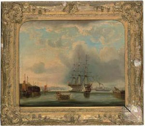 A British Gunboat Firing In Port Oil Painting by Edward Calvert