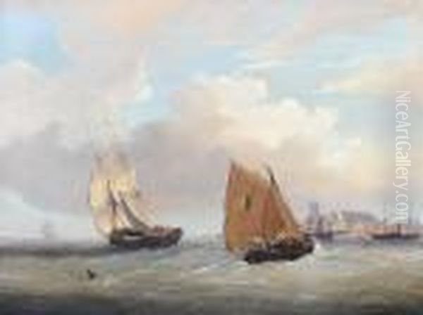 Shipping In A Stiff Breeze Off The Coveredslips Of A Naval Dockyard Oil Painting by Frederick Calvert