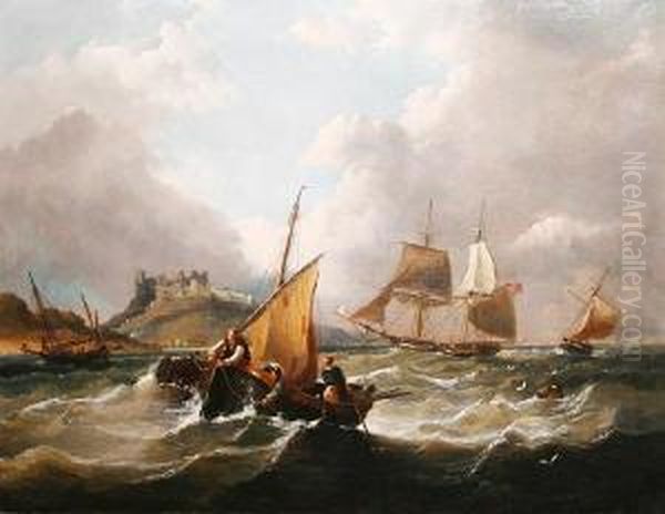 Fishing Vessels Off A Coastline, A Castle Beyond Oil Painting by Frederick Calvert