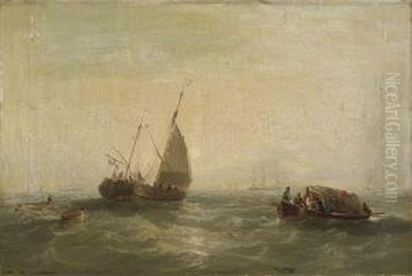 A Dutch Hoy Towing A Long Boat Past Other Vessels Oil Painting by Frederick Calvert