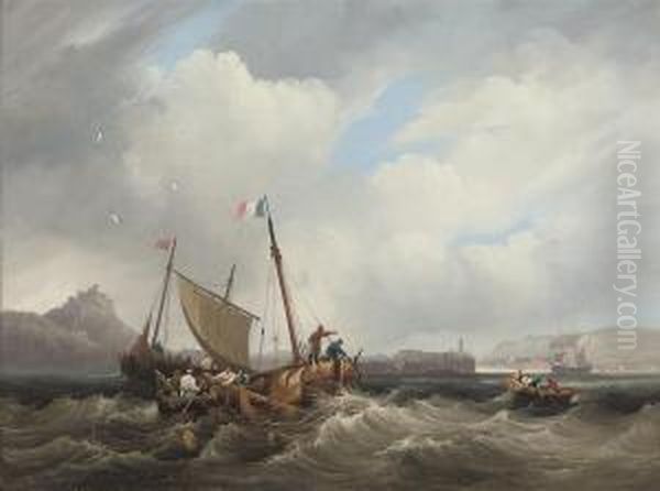 Lobstermen Hauling In Their Pots Off A French Port Oil Painting by Frederick Calvert